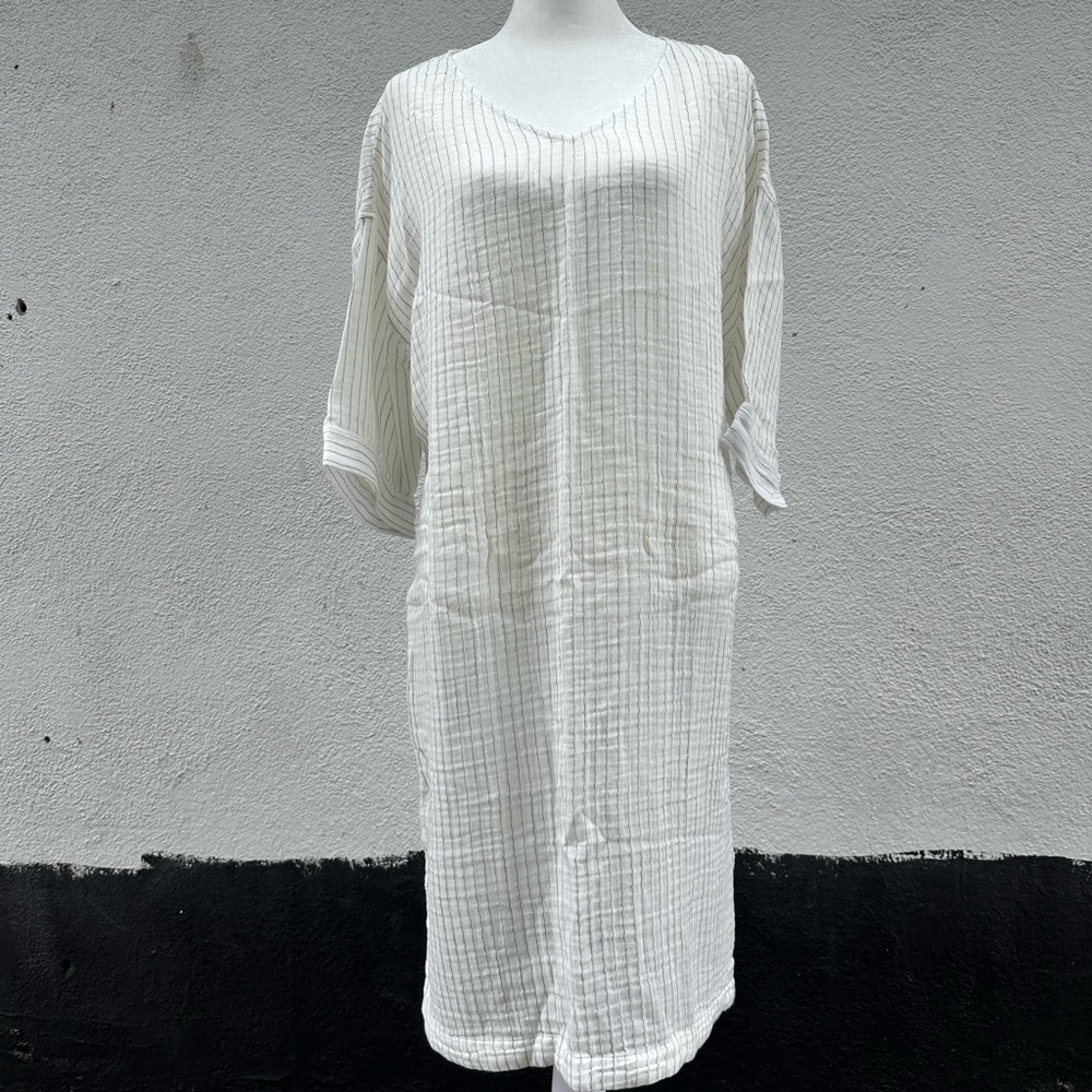 Eileen Fisher Light Gray Striped V-Neck Blouse